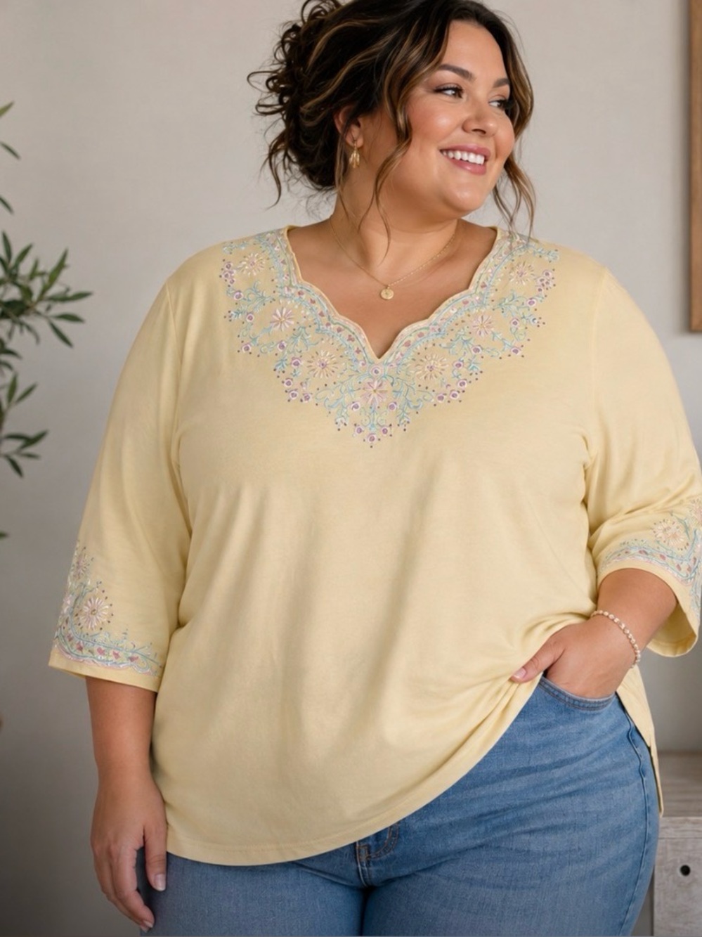 Quaker Factory Plus Size Embroidered Scalloped V-Neck Top in Soft Yellow Size XL